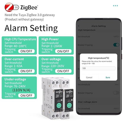 TONGOU Zigbee 3.0 Smart Switch| 1‑63A Adjustable DIN Rail 1P+N| Support Tuya/Smart Life Remote Control| Over-Current Protection| Smart Home Real-time Energy Monitoring| Voice Control| FCC Certified