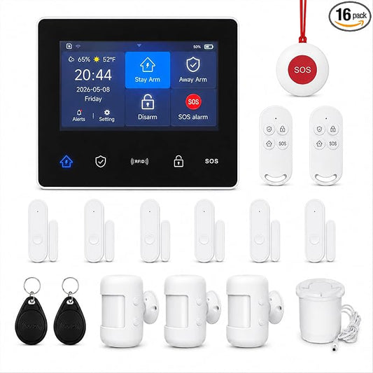 GEN 2 Wireless Home Security System, 16-Piece DIY Alarm Kit for House & Apartment, WiFi & 4G Touchscreen Hub, Door Sensors, Motion Detectors, App Alerts, 120dB Wired Siren, No Monthly Fee