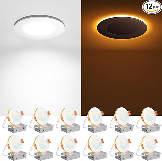 Amico 12 Pack 3 Inch 5CCT LED Recessed Ceiling Light with Night Light, 2700K/3000K/3500K/4000K/5000K Selectable Ultra-Thin Recessed Lighting, 7W=65W, 500LM, Dimmable Canless Wafer Downlight ETL&FCC
