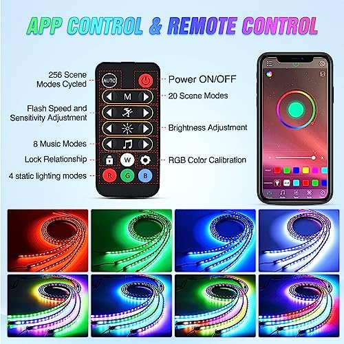 Nilight 4Pcs Car Underglow Neon Accent Strip Lights 256 LEDs RGBIC Multi Color DIY Sound Active Function Music Mode with APP Control and Remote Control Underbody Light Strips, 2 Years Warranty