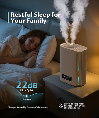 BREEZOME 6L Humidifiers for Bedroom Large Room & Essential Oil Diffuser, Ultrasonic Top Fill Cool Mist Humidifiers for Baby, Plants, Nursery Last up to 60 Hours, Smart Humidistat Control, Quiet, White