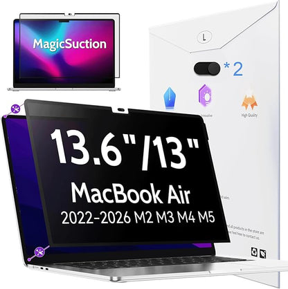 Peslv Privacy Screen for MacBook Air 13.6/13 Inch (2022-2026, M2, M3, M4, M5), MagicSuction™ Removable Anti Spy Black Protector, Glare Blue Light Filter for Mac Laptop Computer