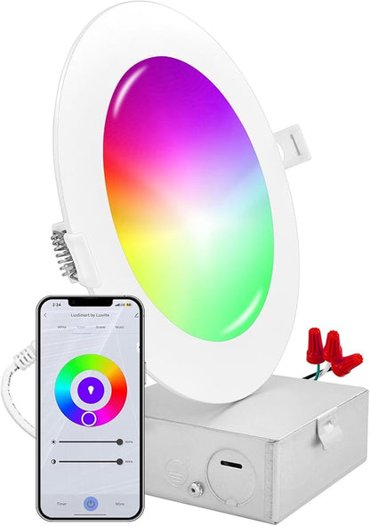 LUXRITE 6 Inch Smart LED Recessed Lighting, RGBW Color Changing, WiFi App and Voice Control, Compatible with Alexa and Google Home, No Hub Required, 13W 1000LM, CRI 90, IC Rated, Wet Rated