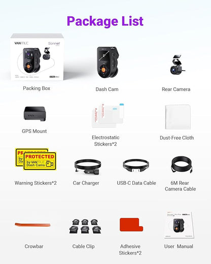 Vantrue S1 Pro Max AI Dash Cam 4K+2.5K w/ADAS & BSD, Dual STARVIS 2 Front and Rear, 2 Channel HDR Dashcam, PlatePix Night Vision, 5G WiFi, Voice Control, GPS, 24H Buffered Parking Mode, 1TB Max