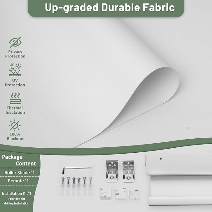Motorized Blinds with Remote, Blackout No Drill Cordless Smart Roller Shades, Automatic Blinds for Windows, White,33" W x 72" H