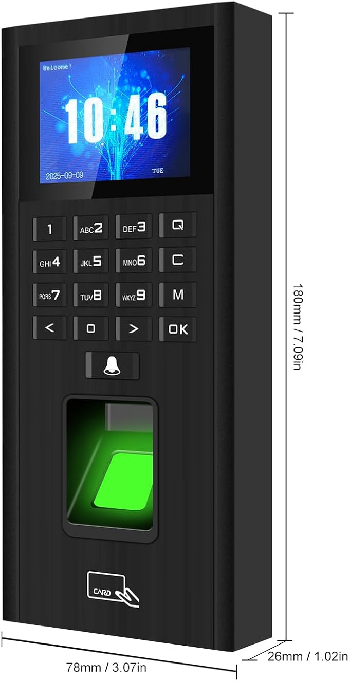 Fingerprint access control with time clock, password, and card access control keypad. HD screen, keypad door lock controller, 1000 user capacity. Suitable for offices, villas, apartments, homes