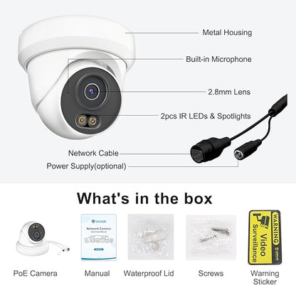 UNILOOK 4MP PoE Camera, Turret Security PoE IP Camera Outdoor Indoor Wired, Smart Dual Light Color Night Vision, Human Motion Detection, Audio/Microphone, IP66, 2.8mm, Metal Housing, NDAA