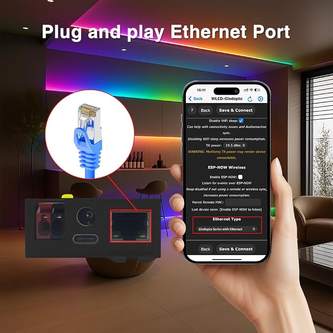 GLEDOPTO Elite ESP32 WLED LED Controller with Ethernet Music Sound Reactive UART Energy Save Relay 20A Pluggable Fuse DIY Dynamic for WS2811 WS2812 SK6812 WS2815 Digital Addressable RGB IC Strip Light