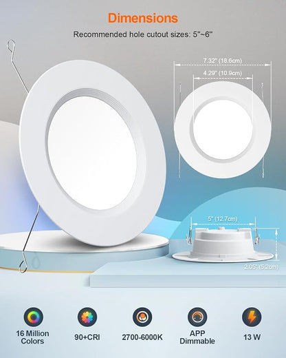 DUSKTEC Recessed Lighting 6 Inch,Smart Color Changing LED Can Light,1050LM | Compatible with Alexa, 32 Modes, 9 Scenes, Timer, CRI 90, 13W Retrofit Recessed Ceiling Light, Voice and APP Control