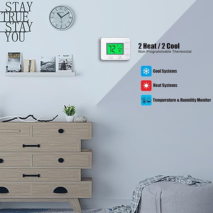 Upgraded Multi-Stage Non-Programmable Thermostats for Home 2 Heat/2 Cool, with Temperature & Humidity Monitor and Large Green LCD