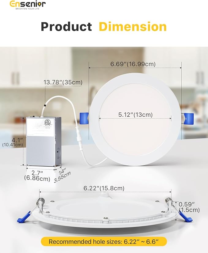 Ensenior 24 Pack 6 Inch LED Recessed Ceiling Light, Dimmable, 5000K Daylight, 1050LM 12W 120V, High Brightness Canless Wafer Downlight - ETL&FCC&IC