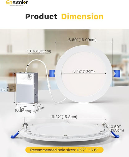 Ensenior 24 Pack 6 Inch LED Recessed Ceiling Light, Dimmable, 5000K Daylight, 1050LM 12W 120V, High Brightness Canless Wafer Downlight - ETL&FCC&IC
