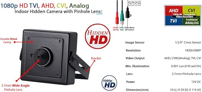 Evertech 1080p HD 4in1 AHD TVI CVI, Analog Indoor Mini Hidden Camera with Wide Angle Pinhole Lens