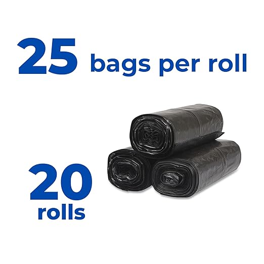 Inteplast 33 Gal Capacity Coreless Roll Trash Can Liner, 33 x 40 Inches, 11-Micron Thickness, Black Color, 25 Bags per Roll, 20 Rolls (500 Count) | S334011K