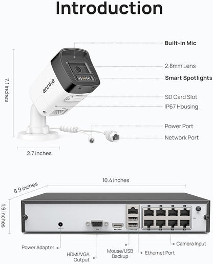 ANNKE H500 8CH 4pcs 3K 5MP Camera PoE Security System, Red and Blue Light Alarm, H.265+ NVR with 2TB HDD, Outdoor Bullet Cam, Color Night Vision, 2-Way Audio, Smart Motion Detection, Works with Alexa
