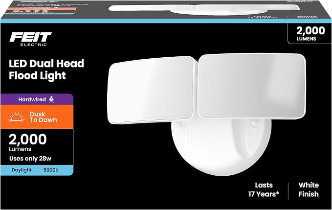 Feit Electric 28W Dusk to Dawn Dual Head Outdoor LED Security Flood Light, 2000 Lumens, 5000K Daylight, Adjustable Heads, Waterproof, Hardwired, 50,000-Hour Lifetime, S9DFL/850/DD/WH