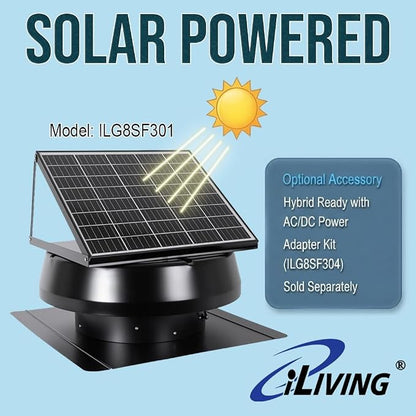 iLIVING HYBRID Ready Smart Thermostat Solar Roof Attic Exhaust Fan, 14", 40-Watt, 1150 CFM, Cools up to 2900 Sq.Ft. Coverage Area, Black