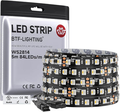 BTF-LIGHTING WS2814 IC RGBW RGB+Cool White UL Listed, DC24V 16.4FT 84LED/m | 14pixel/m,(Similar WS2812B),Addressable4 Colors in 1 Dream Color LED Strip 12mm Width PCB IP30(No Adapter or Controller)