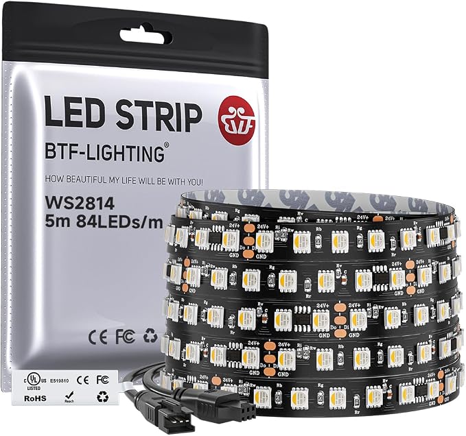 BTF-LIGHTING WS2814 IC RGBW RGB+Warm White UL Listed, DC24V 16.4FT 84LED/m | 14pixel/m,(Similar WS2812B),Addressable4 Colors in 1 Dream Color LED Strip 12mm Width PCB IP30(No Adapter or Controller)