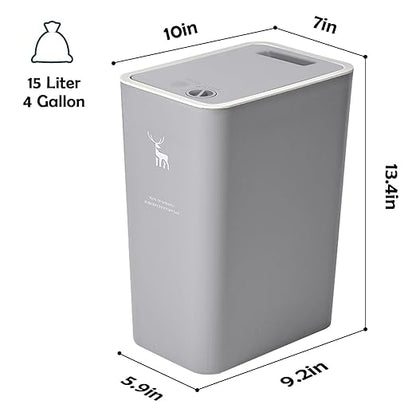 XPIY Trash Can with Lid, 2 Pack 4 Gallons/15 Liters Garbage Can with Press Top, Small Trash Can Dog Proof, Plastic Trash Bin, Waste Basket for Bathroom|Kitchen|Bedroom|Office (1, GreyWhite)