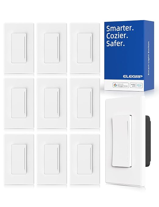 ELEGRP Smart Dimmer Light Switch DTR10, Single Pole Setup, 2.4GHz Wi-Fi Touch Dimmer Compatible with Alexa/Google Assistant, Needs Neutral Wire, No Hub Required, UL Listed, Matte White, 10 Pack