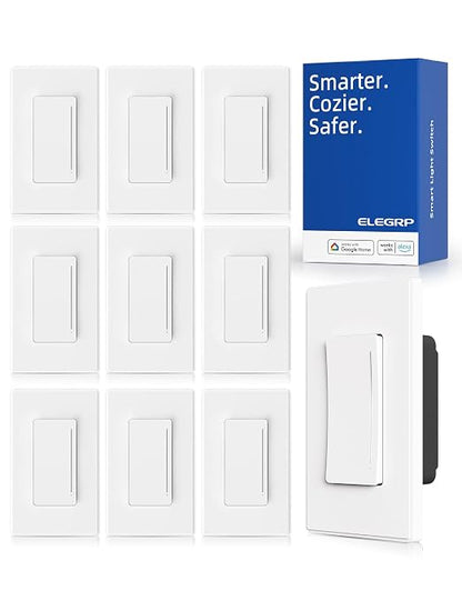 ELEGRP Smart Dimmer Light Switch DTR10, Single Pole Setup, 2.4GHz Wi-Fi Touch Dimmer Compatible with Alexa/Google Assistant, Needs Neutral Wire, No Hub Required, UL Listed, Matte White, 10 Pack