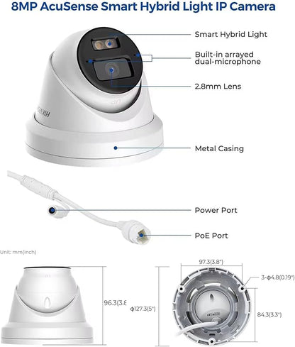 DS-2CD2383G2-LI2U/SL Hik AcuSense 4K 8MP Turret Camera,PoE IP Cameras, Smart Hybrid Light, Human/Vehicle Detection, 120dB WDR, IP67, H.265+,2.8mm, Upgrade DS-2CD2383G2-IU