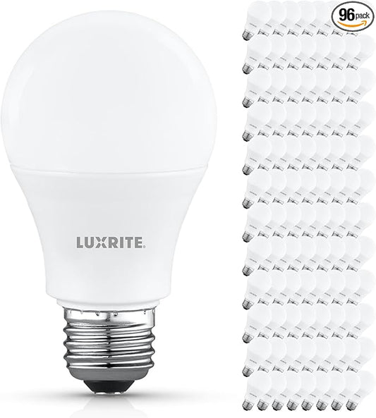 LUXRITE A19 LED Light Bulb 60 Watt Equivalent, Non-Dimmable, 2700K Warm White, 800LM, Standard LED Light Bulbs 8W, E26 Base, Enclosed Fixture Rated, Damp Rated, ETL Listed (96 Pack)