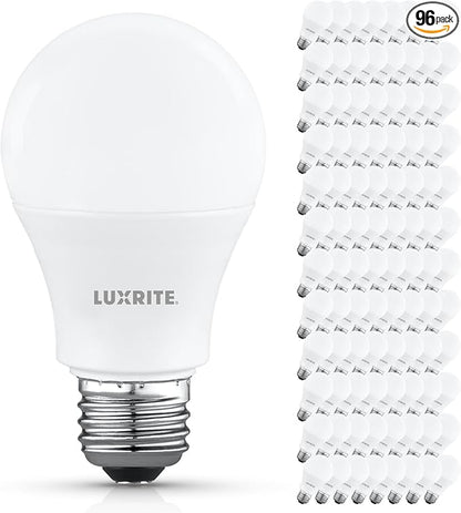 LUXRITE A19 LED Light Bulb 60 Watt Equivalent, Non-Dimmable, 3500K Natural White, 800LM, Standard LED Light Bulbs 8W, E26 Base, Enclosed Fixture Rated, Damp Rated, ETL Listed (96 Pack)