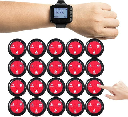 Wireless Waiter Calling System for Restaurant Fast Food Cafe 20 Table Button Features Call/Bill/Cancel Functions 1 Vibration + Buzzer + Light Alert Wrist Watch Pagers with Type-C Port