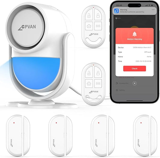 CPVAN WiFi Motion Sensor Alarm, 125dB Wireless DIY Smart PIR Motion Detector with 4 Door/Window Sensors for Home Security System - On Spot Alarm & APP Alert, White