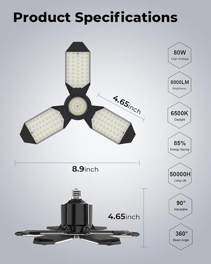 toberich LED Garage Light Bulbs 4 Pack, 8000LM Shop Lights with 3+1 Deformable Panels, 6500K Screw in Ceiling Lights Bay Lighting for Garage, Workshop, Workbench, Basement