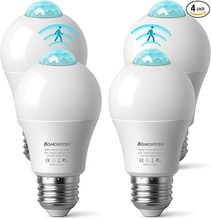 4-Pack Motion Sensor Light Bulbs, 12W(100W Equivalent), Movement Security LED Bulb(Energy Efficient) Indoor/Outdoor, Motion Activated Dusk to Dawn Bulb for Porch, Garage, Basement, Hallway, Stairs