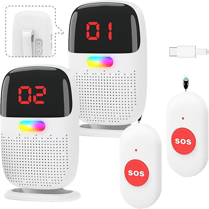 Caregiver Pager System with Digital Display for Elderly Assistance, Fall Prevention, and Nurse Calling，Wearable Wireless Pager for Patient Help at Home (2 Call Buttons + 2 Receivers)