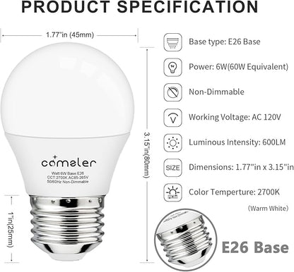 comzler 12 Pack E26 LED Light Bulb, 2700K Warm White 6 Watt 60W Equivalent Small Light Bulbs, A15 Shape Medium Screw Base for Ceiling Fan, CRI 85+, 400Lumen, Non-Dimmable, Home Lighting Decorative