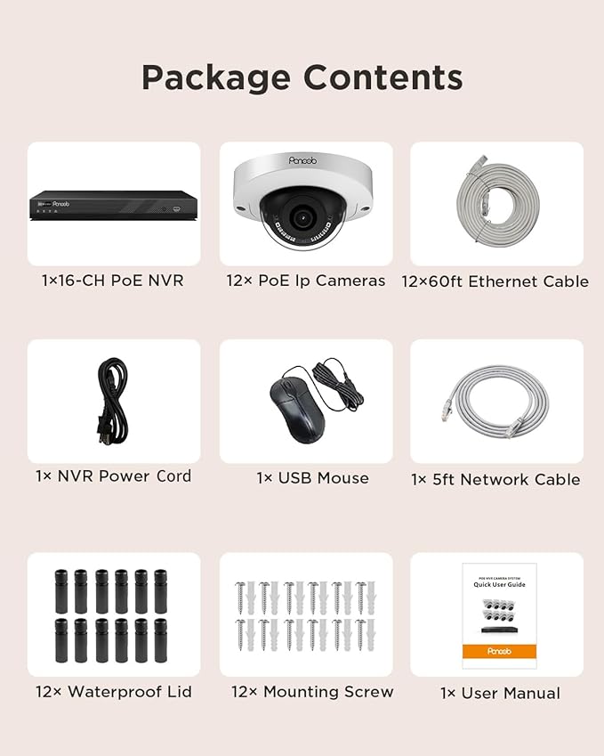 16 Channel Security Camera System, 12Pcs 5MP Wired Outdoor Home Surveillance IP PoE Cameras with AI Human Vehicle Detection, 4K 16CH PoE NVR 4TB HDD, Remote Playback Built-in Mic, PD63A1216-5M