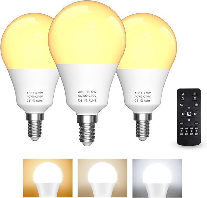 E12 LED Candelabra Light Bulbs with Remote Control, Stepless Dimmable 3000K-6000K, 9W(100W Equivalent), E12 Base, Timer & Night Light, 3Bulb & 1Remote for Bedroom, Ceiling Fan, Chandelier