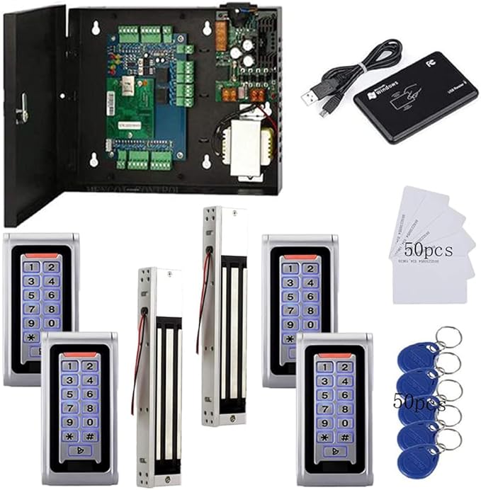 Entry Exit Both Sides Access Control 2 Doors RFID Waterproof Metal Keypad Reader(Card/fob/PIN)+600lbs Electronic Magnetic Lock+Power Supply Box+Phone APP remotely Open Door