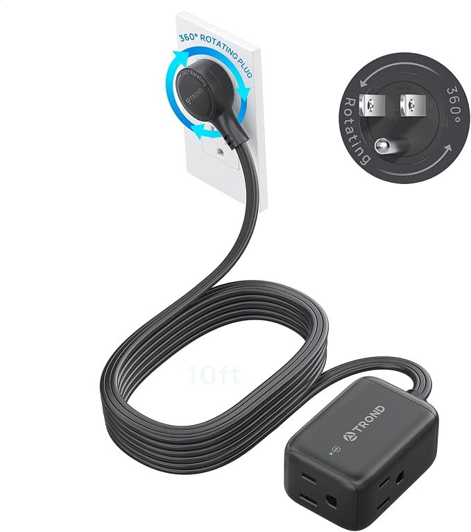 TROND 360 Rotating Flat Plug Extension Surge Protector 10 ft, 3 AC, Black