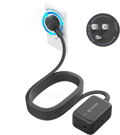 TROND 360 Rotating Flat Plug Extension Surge Protector 10 ft, 3 AC, Black