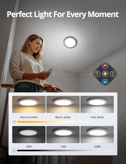 Combuh 4-Pack Battery Powered Motion Sensor Light, 7.48" IP44 Waterproof Shower Lamp Without Wiring, Ultra Thin 3 Colors Adhesive Overhead Lightting for Garage, Bedroom, Kitchen, Portable