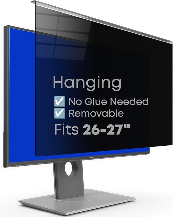 Hanging Privacy Screen Protector for Monitor (Fits 26-27 Inch Frameless), 30°+ Full Privacy & 95% Light Blocking, Instant Setup, 87% Blue Light & 97% UV Block, Office Data Security & Eye Protection