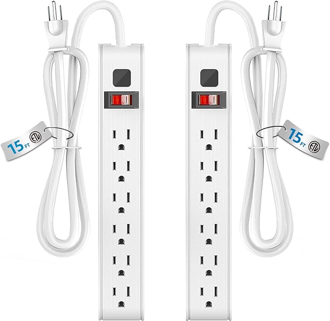 TiFFCOFiO Surge Protector Power Strip, 15 Feet Extension Cord, 600 Joules Surge Protection, Multiple Protection 6 Outlet Strip, 14 AWG Cord, 15A/1875W, ETL Listed (2 Packs, 15 FT)