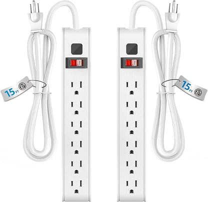 TiFFCOFiO Surge Protector Power Strip, 15 Feet Extension Cord, 600 Joules Surge Protection, Multiple Protection 6 Outlet Strip, 14 AWG Cord, 15A/1875W, ETL Listed (2 Packs, 15 FT)