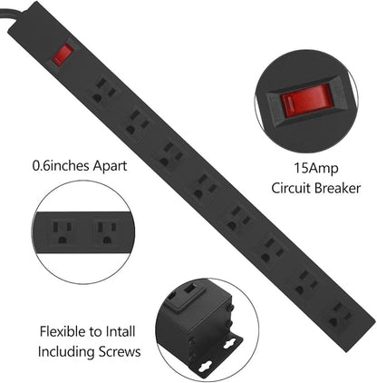 4Pack Metal 8 Outlet Mountable Power Strip, Wall Mount Outlet Heavy Duty, Wide Spaced Commercial Shop Power Strip with Switch, 15 FT Power Cord.