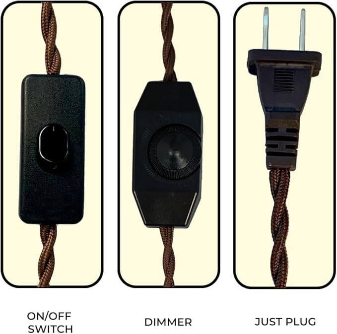 Royal Designs, Inc. 8Ft Twisted Rayon Lamp Cord with NEMA-15P Plug, Rotary Dimmer Switch, Stripped Ends Ready for Wiring, SPT-1 UL Listed, Brown - Pack of 1