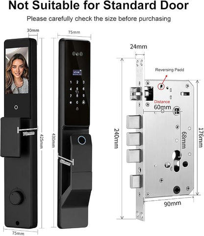 3D Facial Recognition Smart Door Lock with Palm Vein Recognition, 8-in-1 Keyless Entry System, High-Definition Video Screen, Fingerprint, Ic Card, App-Based Remote Unlocking, Wi-Fi, Auto-Lock