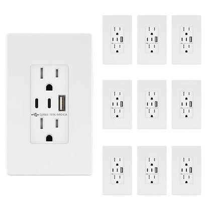 TOPGREENER 4.2A 3-Port Type C USB Outlet, 15 Amp Receptacle Plug, Charging Power Outlet with Dual Type C&A Ports, Screwless Wall Plate Included, UL Listed, TU21542AC2-WSID, White, 10 Pack