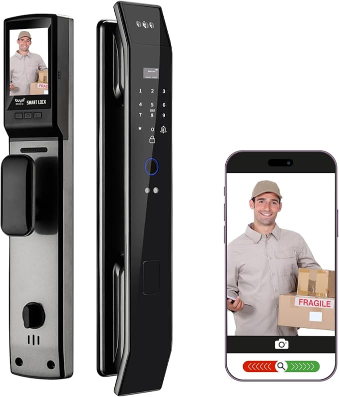 Smart Door Lock with 3D Face Recognition & Camera, Video Doorbell with Intercom, Fingerprint Keyless Entry, Password, IC Card, Key, Alexa Compatible, Tuya App Control, Smart Home Front Door Security