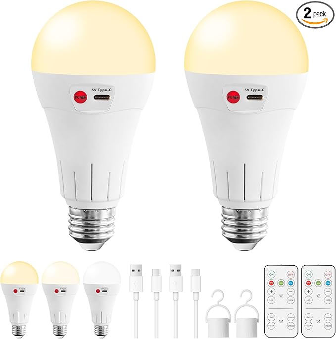 Vitnucrol 2 Pack Rechargeable Light Bulbs with Remote, E26 Wireless Battery Operated Light Bulb for Lamps, 2600mAh 3 Colors Dimmable Emergency LED Light Bulbs, 7W, 300LM